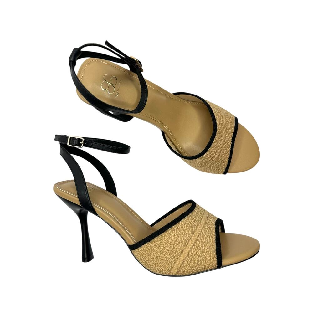 Cosy Island New Minimalist Mesh Ankle Strap Heel Size 9 Tan Black Woven Sandal